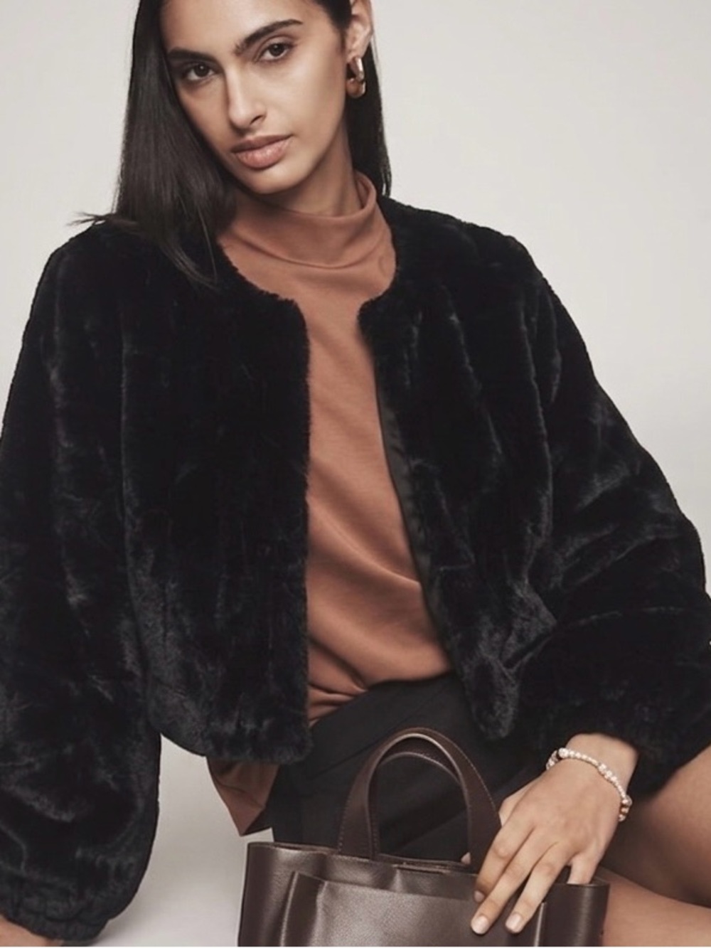 WD.NY Black Faux Fur Cropped Teddy Jacket